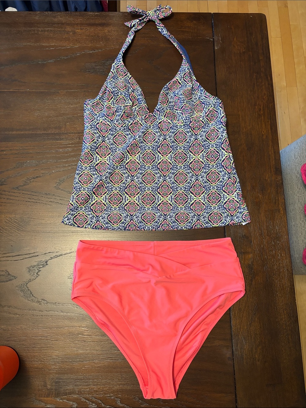Old Navy Multicolor Geometric Halter Tankini with Coral High-Waist Bottoms